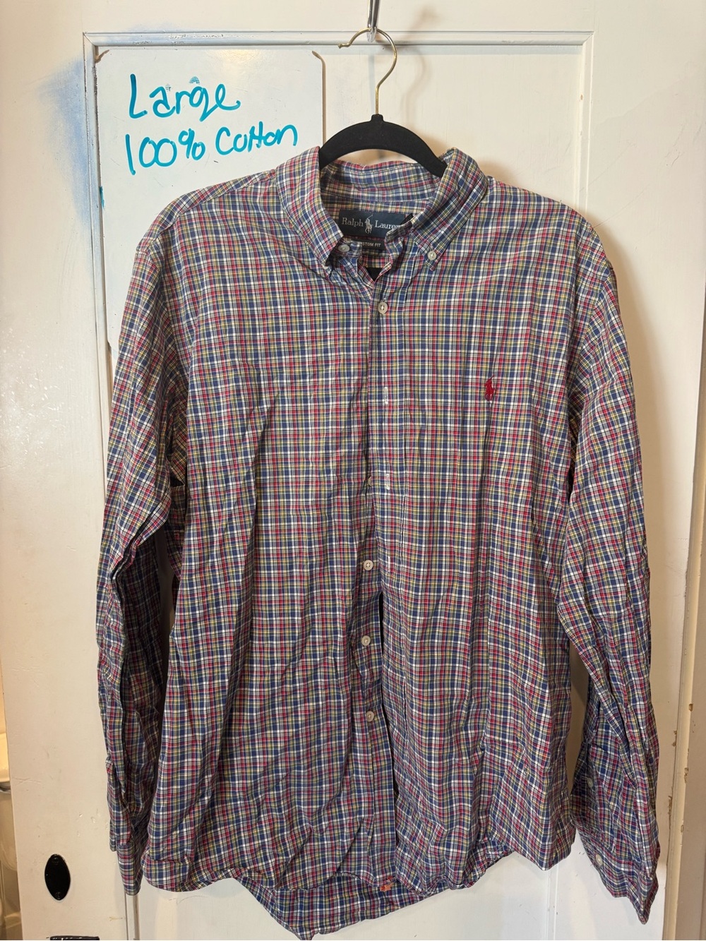 100% Cotton Ralph Lauren Men’s Plaid Button-Down Shirt - Red, Blue, Green